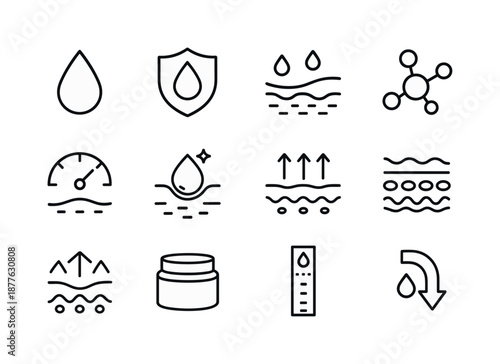 Skin Hydration Icons. Skin hydration. Line icon set of Skin hydration: water droplet, hydration shield, moisture barrier, humectant molecule, hydration meter,