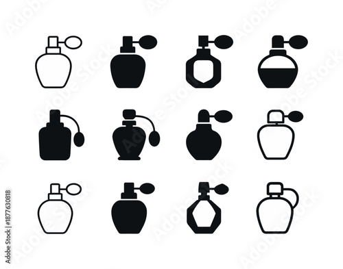 Perfume Icon Variations. Perfume bottle. Icon set. Set Logo of Perfume bottle: classic perfume silhouette. harmonious logo variations of the same emblematic