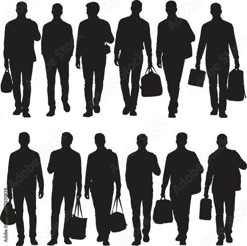 Silhouette business professionals walking with bags, corporate lifestyle, vector illustration