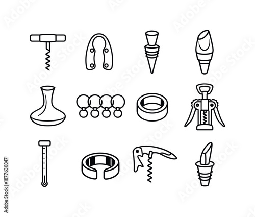 Wine Accessories Icons. Wine accessories. Line icon set of Wine accessories: corkscrew, foil cutter, wine stopper, aerator, decanter, glass marker, drip ring,