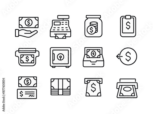 Cash Handling Icons Set. Cash Handling. Line icon set of Cash Handling: cash handoff, register icon, coin jar, bill holder, money belt, secure box, drawer