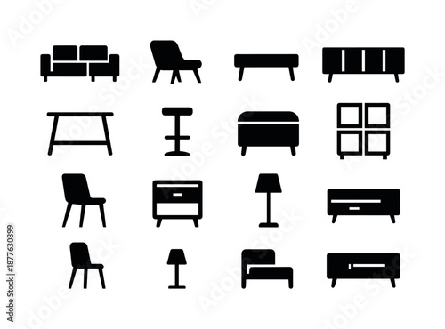 Modern Furniture Icons. Modern furniture. Solid icon set of modern furniture: sectional sofa, lounge chair, coffee table, sideboard cabinet, minimalist desk,