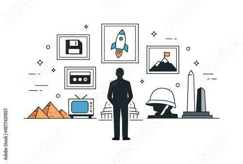 Reflective Silhouette Artistry. Remembering the Past. A single human silhouette looking at framed icons and abstract monuments around them. The scene expresses