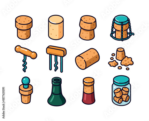 Isometric Cork Icons. Bottle cork. Colorful isometric vector icons set of bottle cork: natural cork stopper, synthetic cork, tapered cork, champagne cork, cork