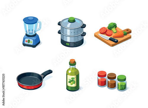 Healthy Cooking Essentials. Healthy Cooking Tools. Isometric flat vector icons set of Healthy Cooking Tools: blender, steamer pot, cutting board with