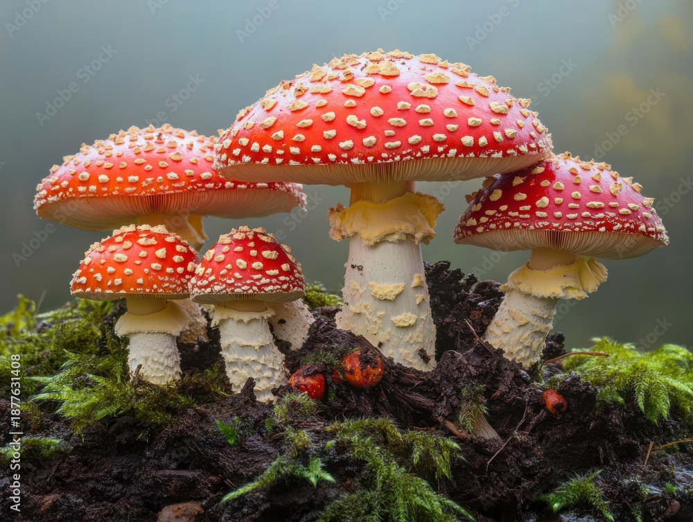 Fototapeta premium Vibrant mushrooms in a mossy forest