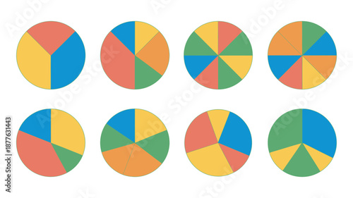 Colorful pie chart vector set, including data visualization elements, statistical infographic graphs, business analytics, report charts, marketing finance, statistics, design illustrations.