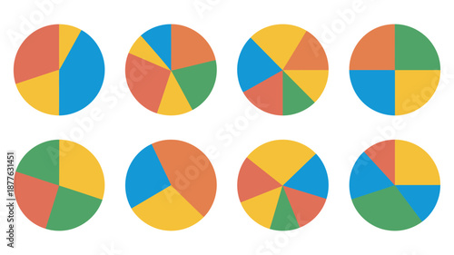 Colorful pie chart vector collection, for data visualization, statistical infographic graphs, business analysis, report charts, marketing analytics, finance illustrations, infographic design set.