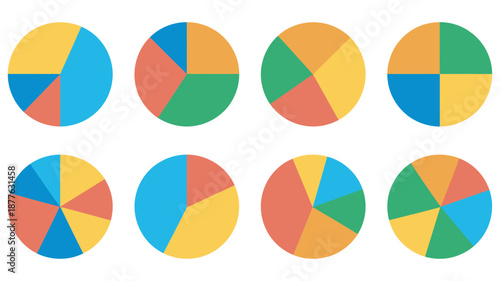 Colorful pie charts vector set, for data visualization, statistical infographic graphs, business analytics, report illustrations, marketing, finance, statistics, infographic design elements.
