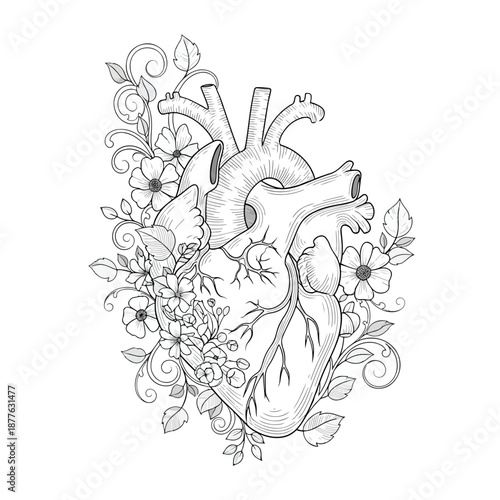 Detailed Anatomical Human Heart Illustration with Blooming Floral Elements and Organic Vines