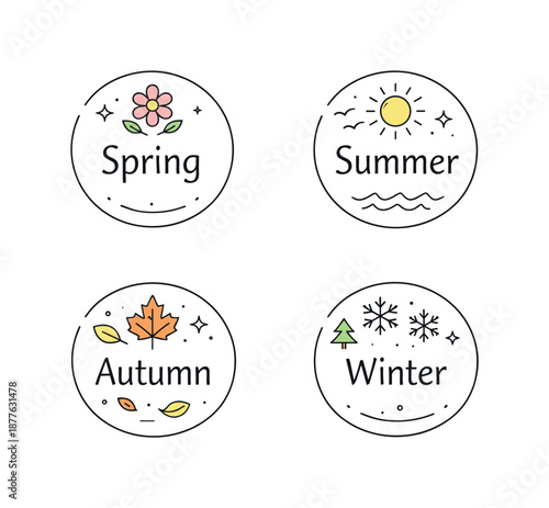 Modern Seasonal Badges. Modern seasonal badges for digital content. Minimal outlined badges designed for social media highlights, combining simple seasonal