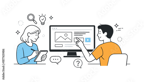 UX Testing Observations. UX research and usability testing. Researcher observing a user interacting with a prototype on a screen, noting reactions