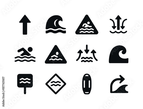 Riptide Icon Set. Riptides. Solid icon set of riptides: strong current arrow, breaking wave, undertow symbol, swimmer warning icon, ocean pull vector, rip