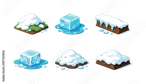 Spring Thaw Icons. Spring thaw. Isometric flat vector icons set of Spring thaw: snow pile with grass reveal, icy chunk with meltwater, snow ridge edge, thawing