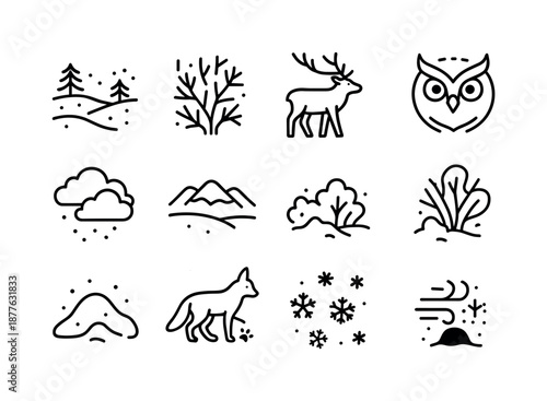 Winter Animal Icons. Snowy landscapes with animals in winter habitats. Line icon set of snowy landscapes with animals in winter habitats: snowy field icon,