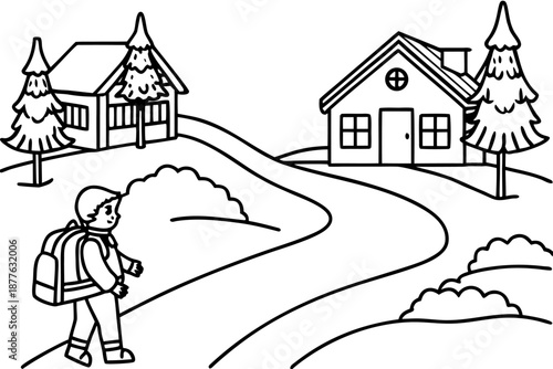 a black and white drawing of a boy with a backpack standing on a road in front of two houses and evergreen trees