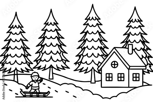 a person sledding down a snowy hill near a house and evergreen trees