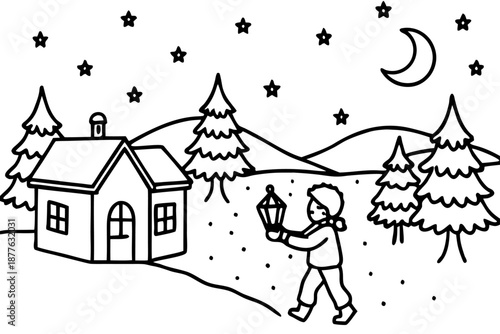 black and white illustration of a child holding a lantern in a snowy landscape with a house and trees