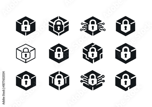 Cybersecurity Icon Set. Cybersecurity. Icon set. Set Logo of cybersecurity: encrypted data cube. harmonious logo variations of the same emblematic concept,