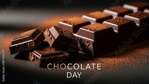Delicious dark chocolate squares and broken pieces arranged on a cocoa powder surface
