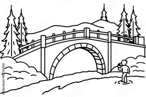 a man standing on the bank of a river looking at a bridge