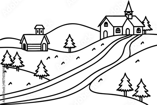 black and white illustration of a church and house on a hill with trees