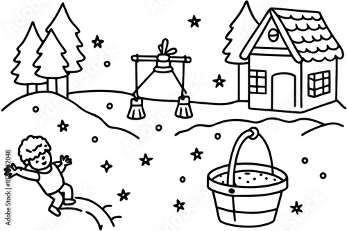 Black and white illustration of a child playing outside in the snow on a winter day with a house and trees in the background