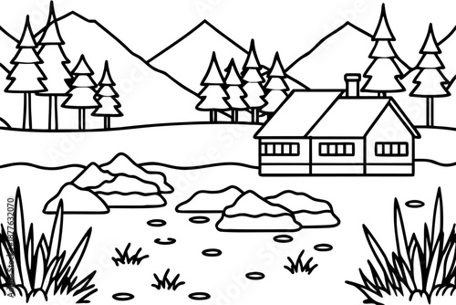 black and white illustration of a house in a mountainous landscape with trees and rocks