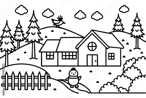 black and white illustration of a house with a fence and trees on a hill