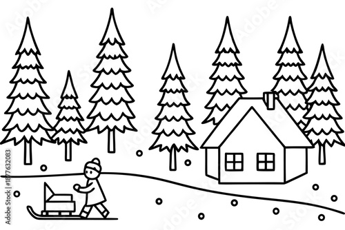 black and white illustration of a person pulling a sled through a snowy landscape with a house and trees