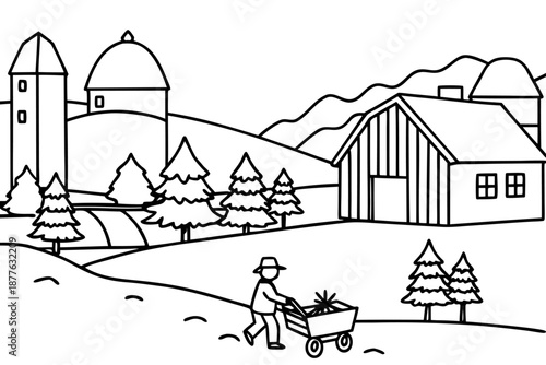 man pushing wheelbarrow with plant on farm with barn and trees