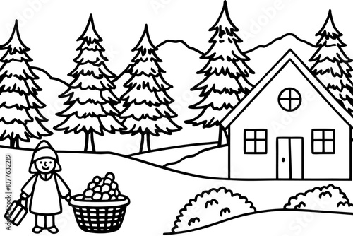 Girl holding basket of apples in front of house and trees