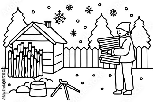 man carrying firewood in winter scene with house and fence