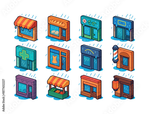 Colorful Rainy Storefronts. Rainy storefronts. Colorful isometric vector icons set of rainy storefronts: cafe awning dripping, bakery window fogged, bookstore