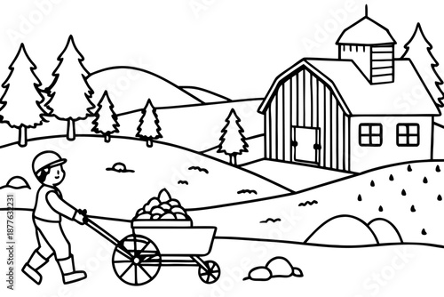 Man pushing wheelbarrow with potatoes on farm with barn and trees