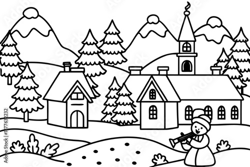 snowman playing trumpet in front of church and house in snowy mountain village
