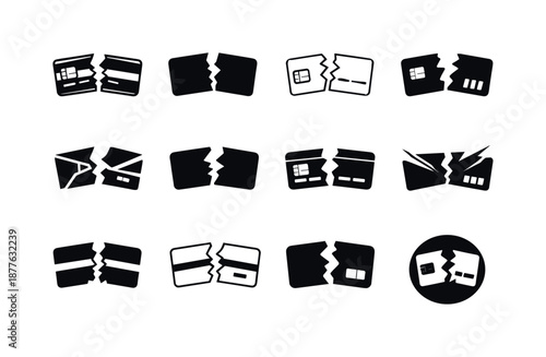 Shredded Credit Card Logos. shredded credit card. Icon set. Set Logo of shredded credit card: torn credit card halves. harmonious logo variations of the same