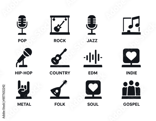 Music Genre Icons. Music genres on stage. Solid icon set of Music genres on stage: pop icon, rock icon, jazz mic, classical notes, hip-hop mic, country guitar,