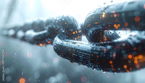 Chain: close-up shot of a rugged chain, with glistening droplets of water clinging to its metallic surface. The image exudes strength, connection, and resilience