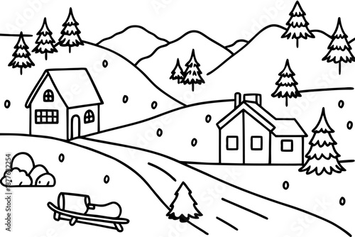 winter scene with two houses and a sled on a snowy hill with trees
