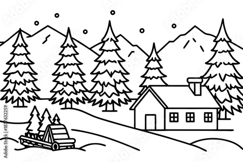 winter scene with house and truck carrying trees on snowy road