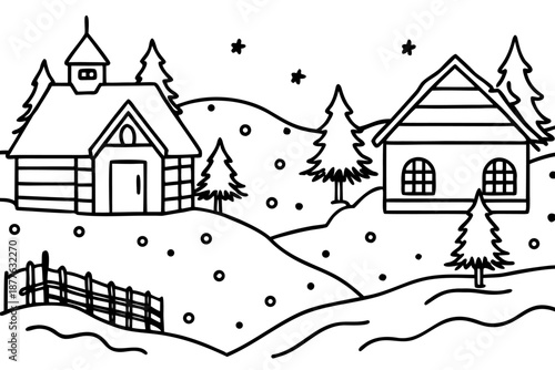 winter village scene with houses and trees in snowy landscape