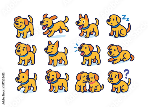 Isometric Dog Emotions. Dog emotions. Colorful isometric vector icons set of dog emotions: happy dog, playful dog, excited dog, sleepy dog, curious dog, proud