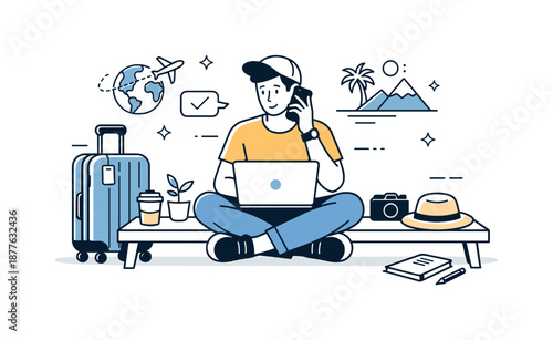 Nomadic Workspace Vibes. Digital nomad workspace. Remote worker sitting with a laptop and phone, travel bag nearby. Balanced mix of work and travel in a modern