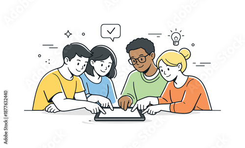 Collaborative Team Effort. Team Unity. A small group of people collaborating around a shared document or tablet, hands gently pointing toward the center. Quiet