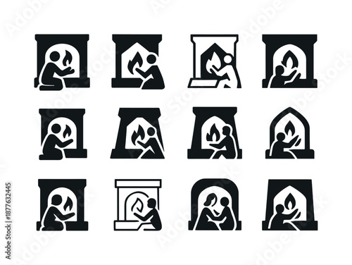 Fireplace Harmony Icons. People enjoying a warm fire in the fireplace. Icon set. Set Logo of people enjoying a warm fire in the fireplace: person warming