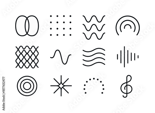 Sound Wave Icons. Abstract shapes and colors representing sound. Line icon set of abstract shapes and colors representing sound: resonance loop pair,