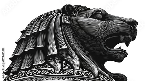 Artistic black and white illustration of a roaring lion's head with detailed mane and ornate decorations
