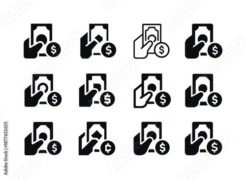 Cash Logo Variations. Counting cash. Icon set. Set Logo of counting cash: bills + coin combo. harmonious logo variations of the same emblematic concept, each