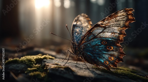 Macro butterfly dreamy focus concept, Vibrant butterfly resting on a mossy log in a forest setting.